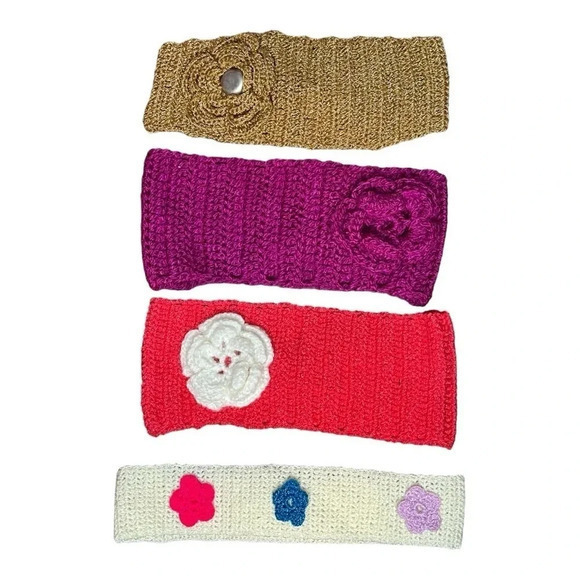 HANDMADE CROCHET KNITTED HEADBANDS SET OF 4 GREEN PURPLE RED WHITE FLORAL - Picture 1 of 5